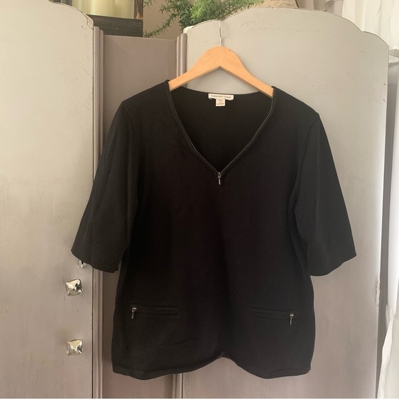 Coldwater Creek Tops - Coldwater Creek Black Zip Front Short Sleeve Top